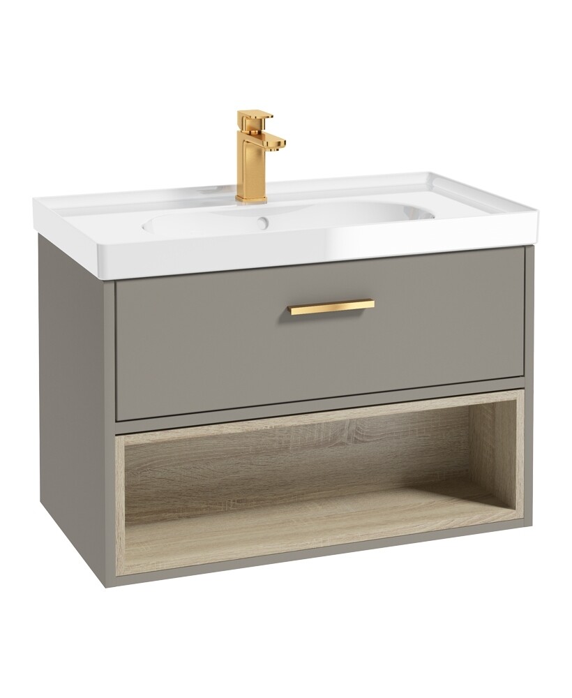 SONAS Malmo 80cm Wall Hung Vanity Unit with Gloss Basin Khaki Matt - Brushed Gold Hardware