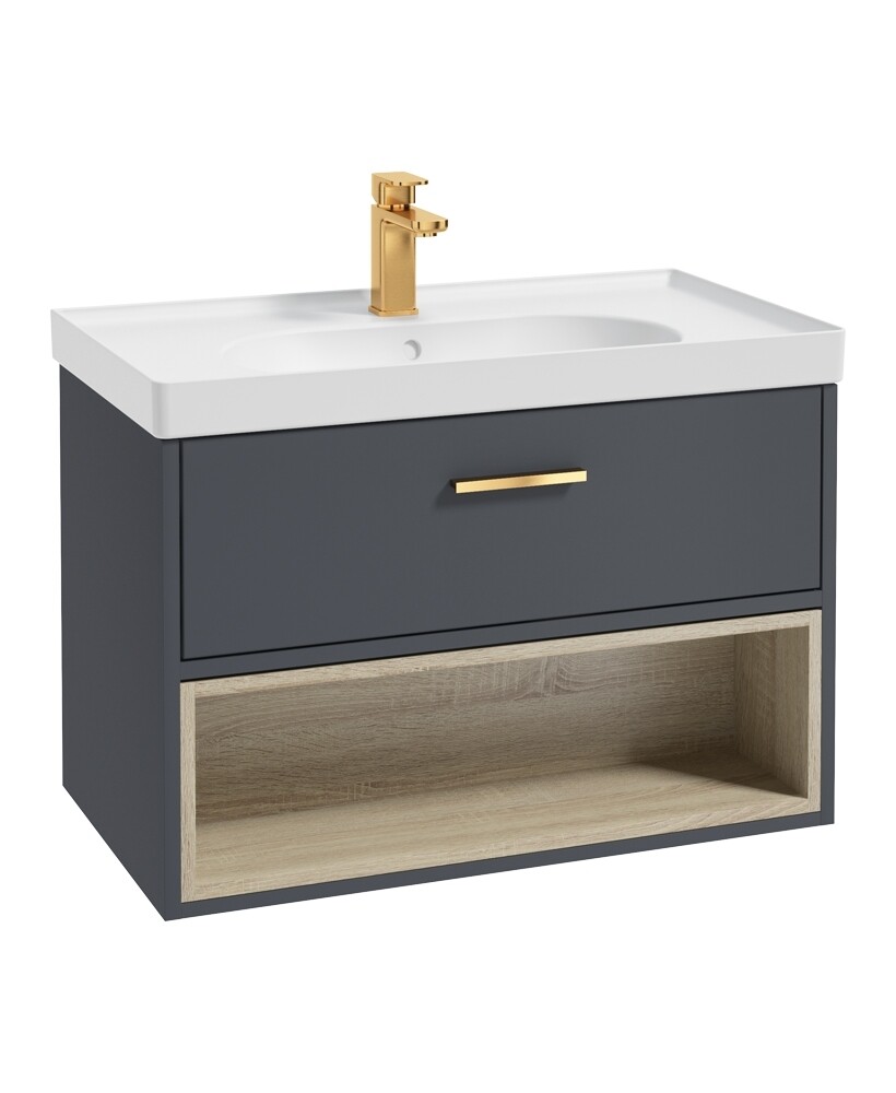 SONAS Malmo 80cm Wall Hung Vanity Unit with Matt Basin Night Sky Blue - Brushed Gold Hardware