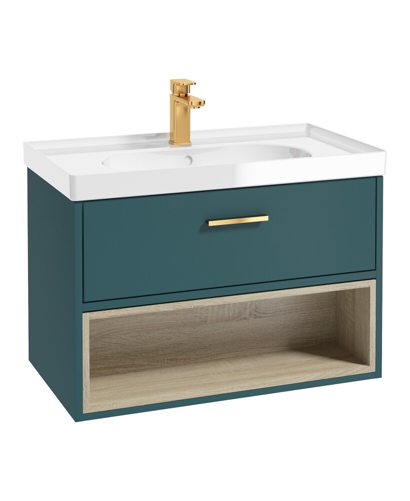 SONAS Malmo 80cm Wall Hung Vanity Unit with Gloss Basin Ocean Blue Matt - Brushed Gold Hardware