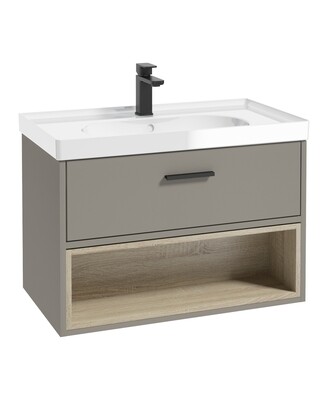 SONAS Malmo 80cm Wall Hung Vanity Unit with Gloss Basin Khaki Matt - Matt Black Hardware