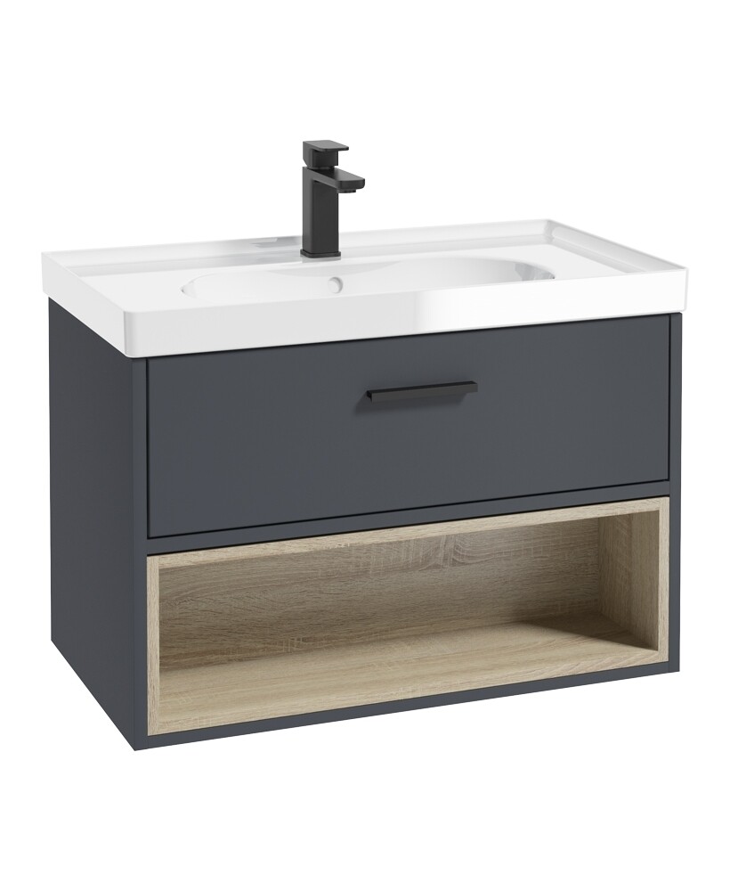 SONAS Malmo 80cm Wall Hung Vanity Unit with Gloss Basin Night Sky Blue - Matt Black Hardware