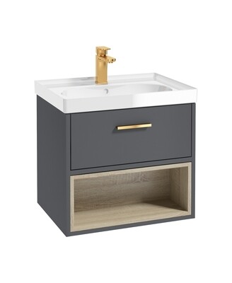 SONAS Malmo 60cm Wall Hung Vanity Unit with Gloss Basin Midnight Grey Matt - Brushed Gold Hardware