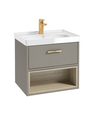 SONAS Malmo 60cm Wall Hung Vanity Unit with Gloss Basin Khaki Matt - Brushed Gold Hardware