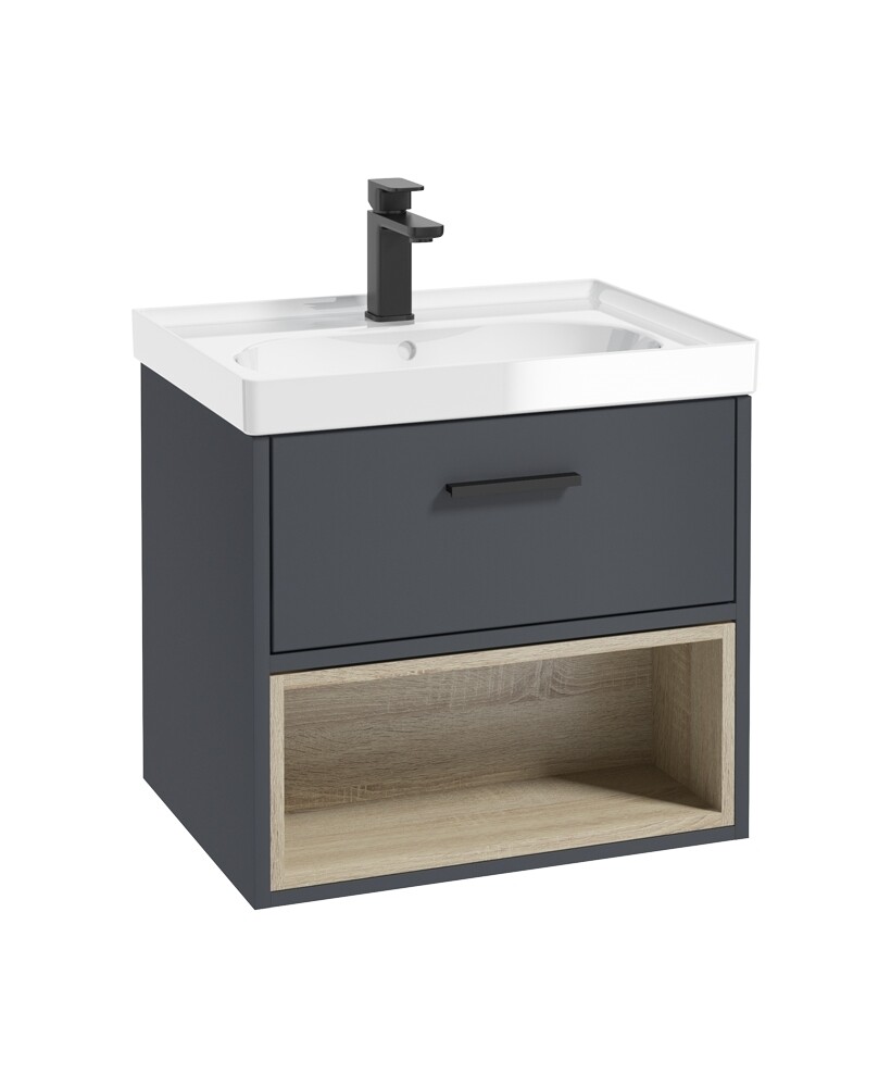 SONAS Malmo 60cm Wall Hung Vanity Unit with Gloss Basin Night Sky Blue - Matt Black Hardware