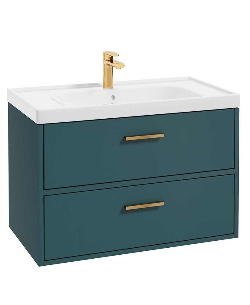 SONAS Finland 80cm 2 Drawer Wall Hung Vanity Unit Ocean Blue Matt- Brushed Gold Hardware
