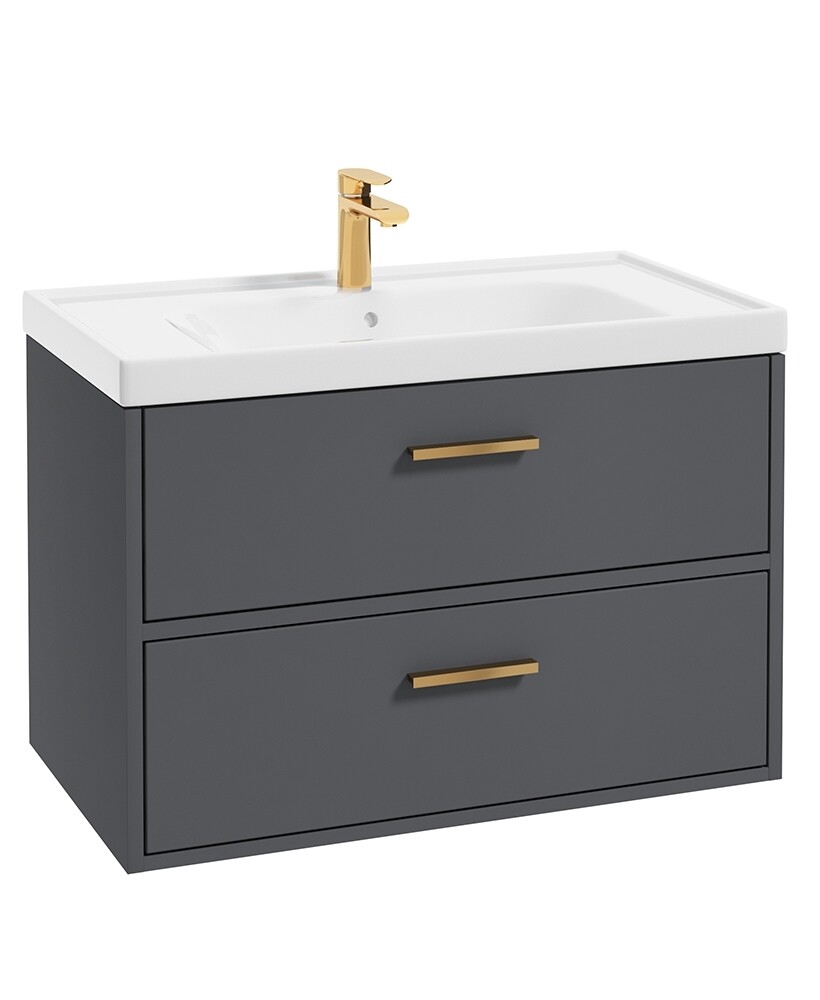 SONAS Finland 80cm 2 Drawer Wall Hung Vanity Unit Midnight Grey Matt- Brushed Gold Hardware