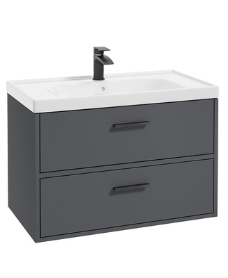 SONAS Finland 80cm 2 Drawer Wall Hung Vanity Unit Midnight Grey Matt- Matt Black Hardware