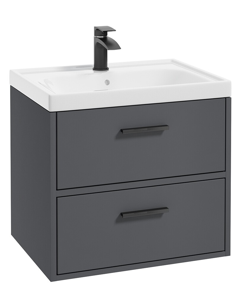 SONAS Finland 60cm 2 Drawer Wall Hung Vanity Unit Midnight Grey Matt- Matt Black Hardware