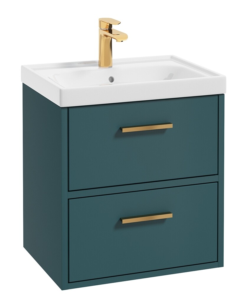 SONAS Finland 50cm 2 Drawer Wall Hung Vanity Unit Ocean Blue Matt- Brushed Gold Hardware