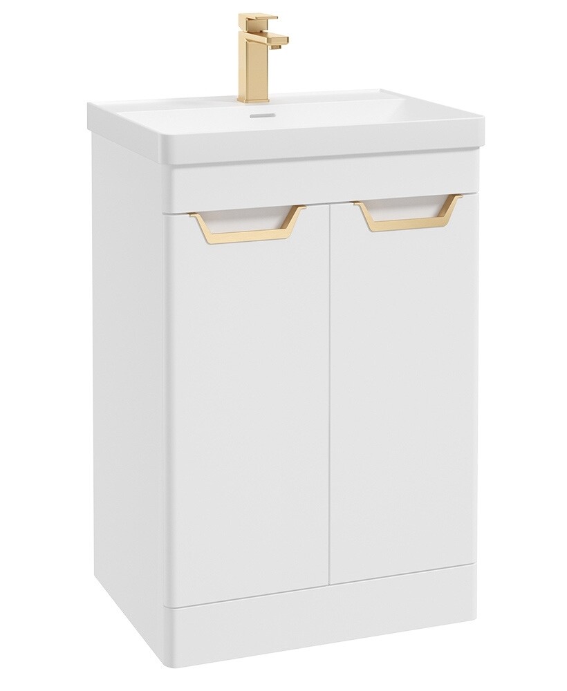 SONAS Freya 60cm 2 Door Floor Standing Vanity Unit White Matt- Brushed Gold Hardware
