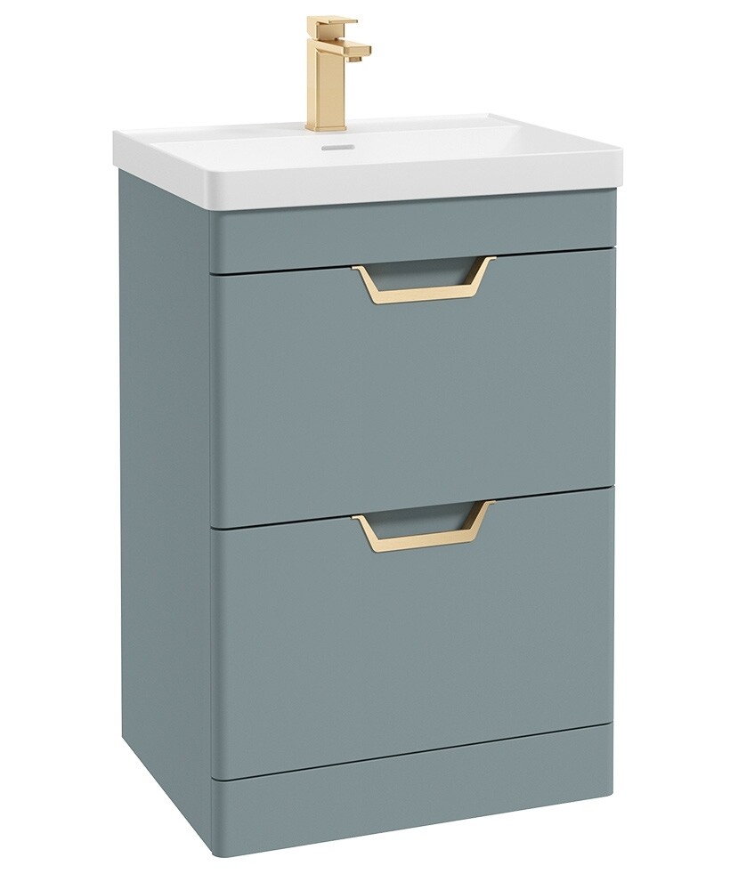 SONAS Freya 60cm 2 Drawer Floor Standing Vanity Unit Coral Green Matt- Brushed Gold Hardware