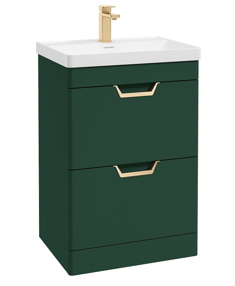 SONAS Freya 60cm 2 Drawer Floor Standing Vanity Unit Wreath Green Matt- Brushed Gold Hardware