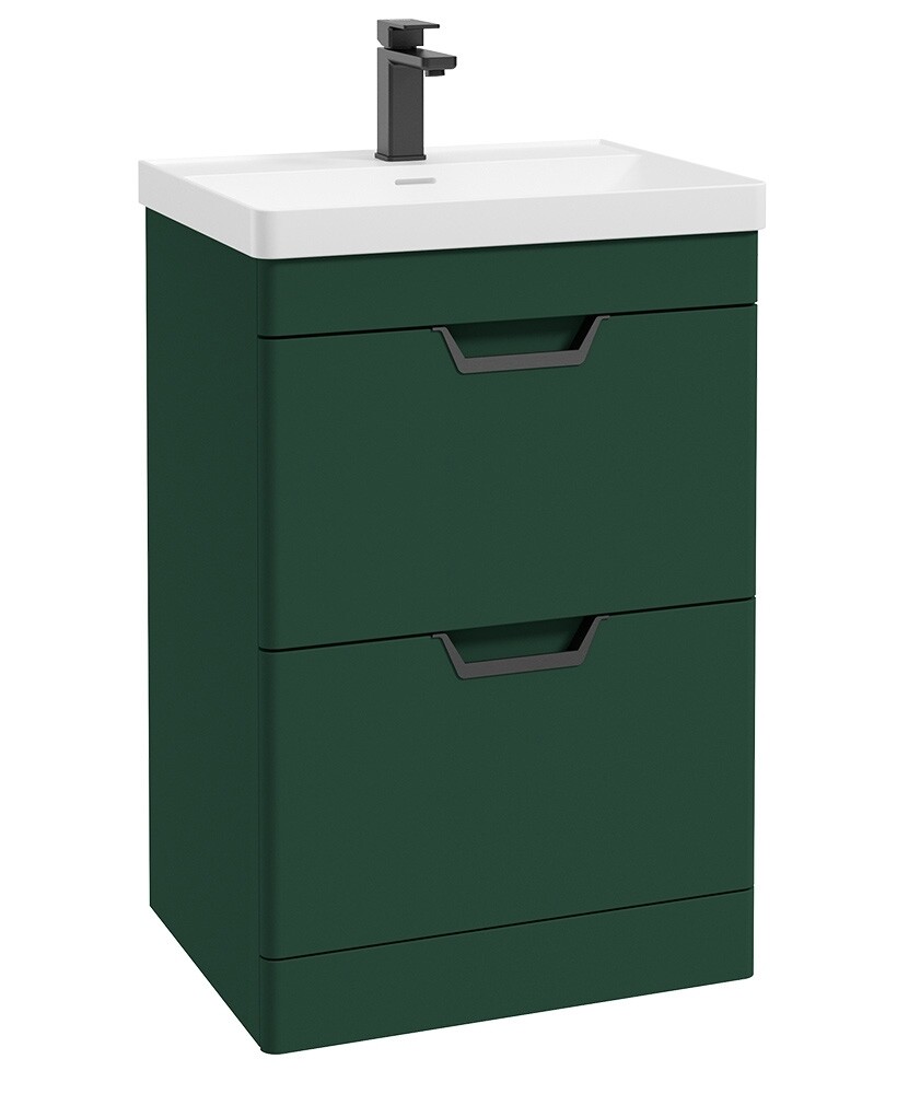 SONAS Freya 60cm 2 Drawer Floor Standing Vanity Unit Wreath Green Matt- Matt Black Hardware