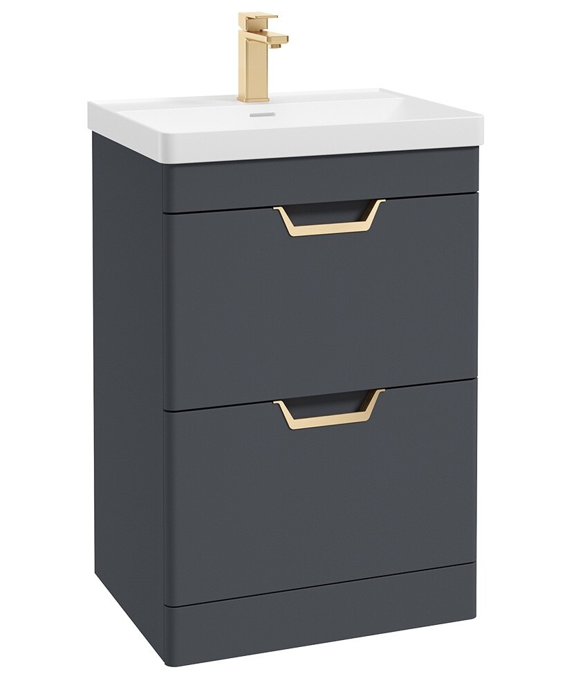 SONAS Freya 60cm 2 Drawer Floor Standing Vanity Unit Night Sky Blue Matt- Brushed Gold Hardware