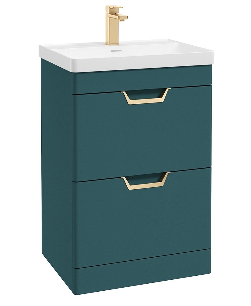 SONAS Freya 60cm 2 Drawer Floor Standing Vanity Unit Ocean Blue Matt- Brushed Gold Hardware