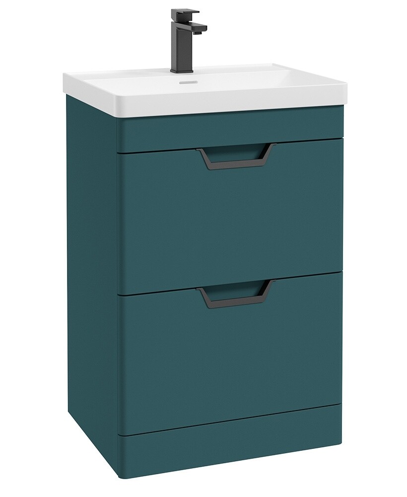 SONAS Freya 60cm 2 Drawer Floor Standing Vanity Unit Ocean Blue Matt- Matt Black Hardware