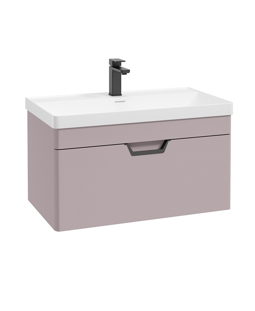 SONAS Freya 80cm 1 Drawer Wall Hung Vanity Unit Cashmere Pink Matt- Matt Black Hardware