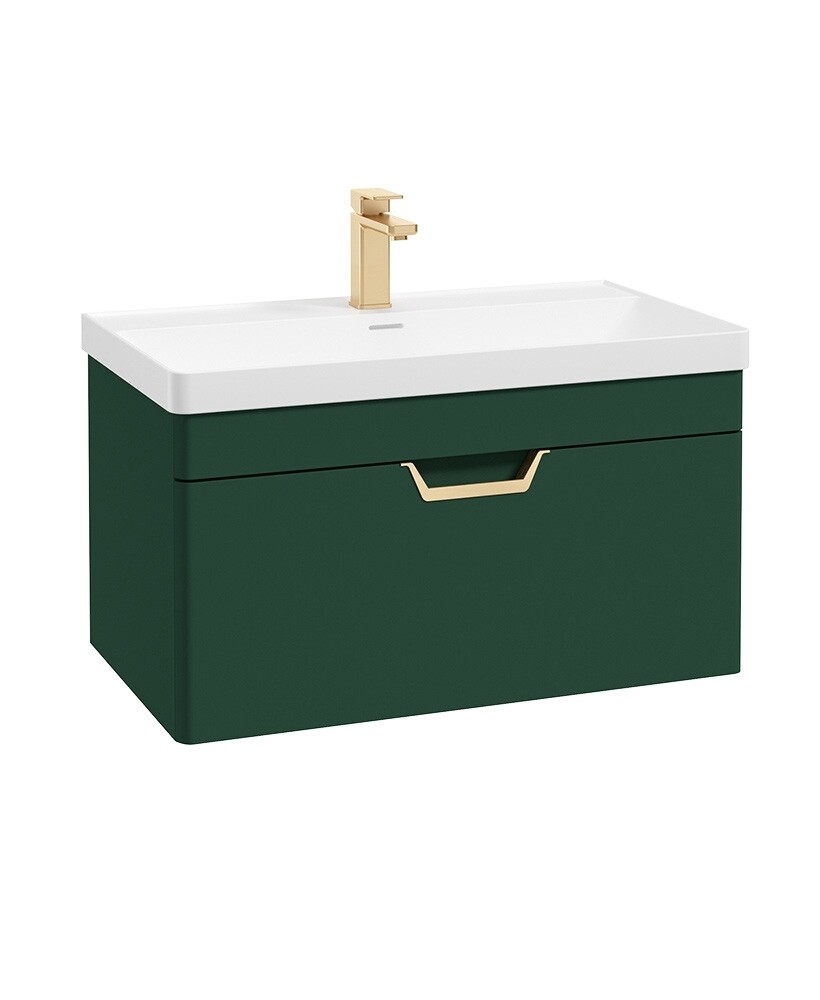 SONAS Freya 80cm 1 Drawer Wall Hung Vanity Unit Wreath Green Matt- Brushed Gold Hardware