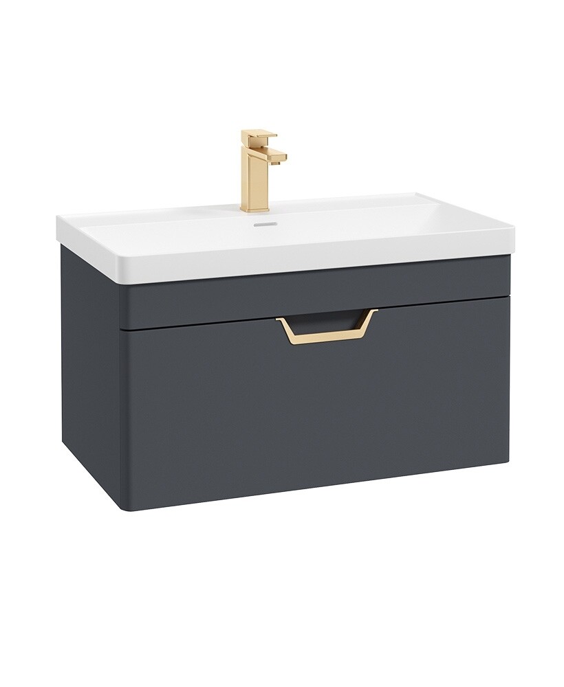SONAS Freya 80cm 1 Drawer Wall Hung Vanity Unit Night Sky Blue Matt- Brushed Gold Hardware