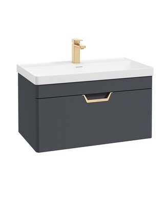 SONAS Freya 80cm 1 Drawer Wall Hung Vanity Unit Night Sky Blue Matt- Brushed Gold Hardware