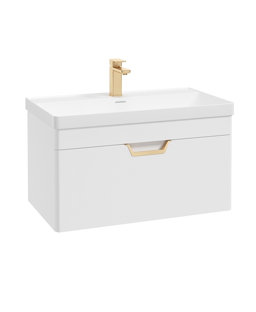SONAS Freya 80cm 1 Drawer Wall Hung Vanity Unit  White Matt -Brushed Gold Hardware