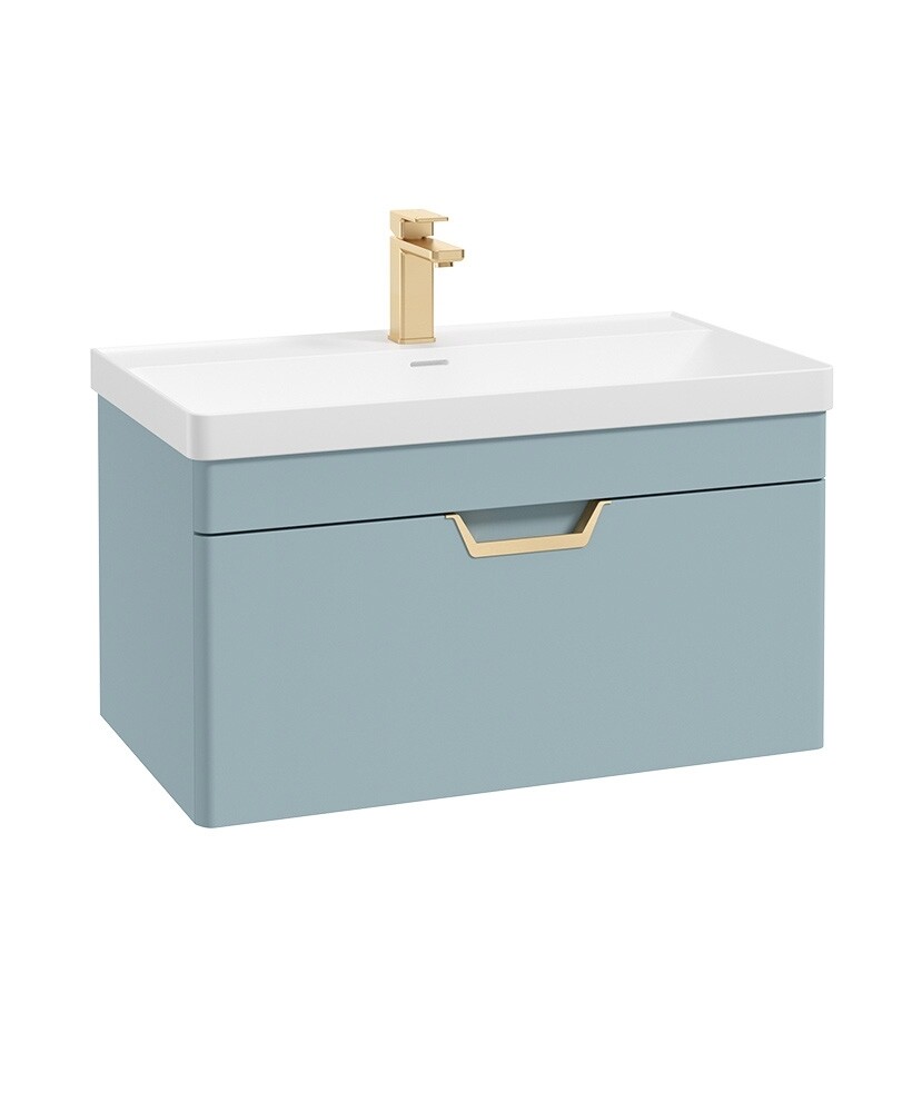 SONAS Freya 80cm 1 Drawer Wall Hung Vanity Unit Morning Sky Blue Matt - Brushed Gold Hardware