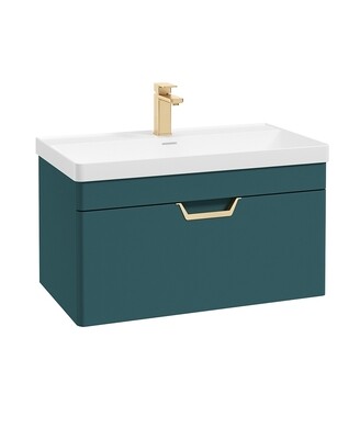 SONAS Freya 80cm 1 Drawer Wall Hung Vanity Unit  Ocean Blue Matt - Brushed Gold Hardware
