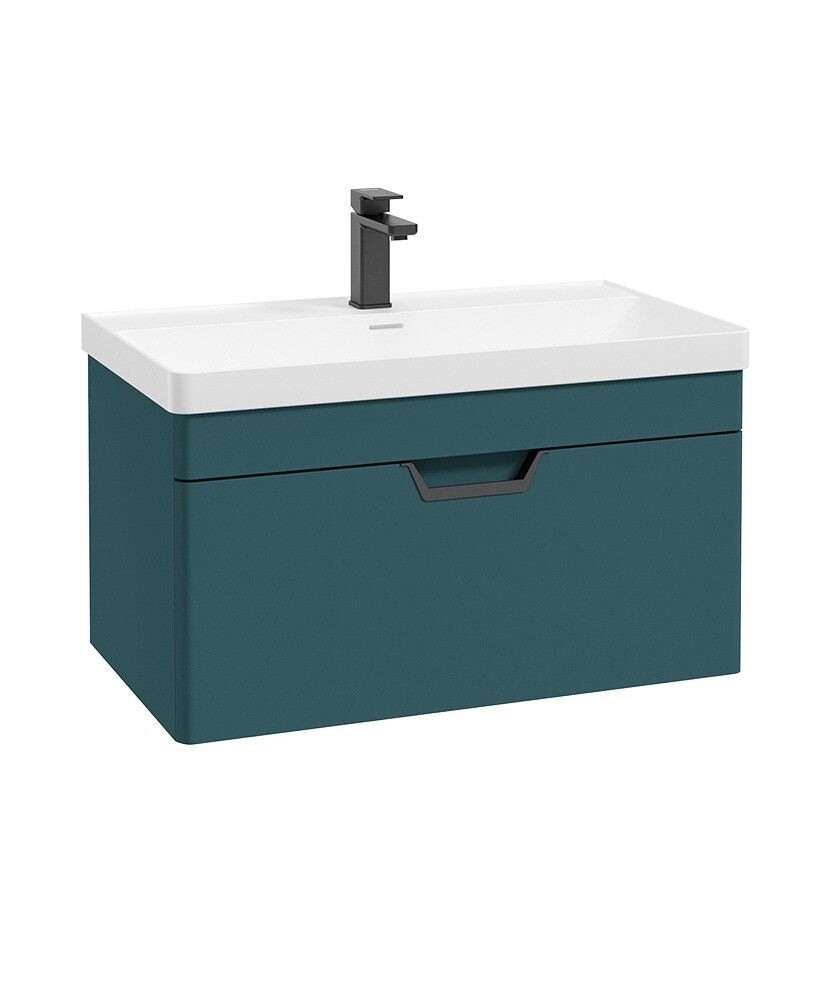 SONAS Freya 80cm 1 Drawer Wall Hung Vanity Unit  Ocean Blue Matt - Matt Black Hardware