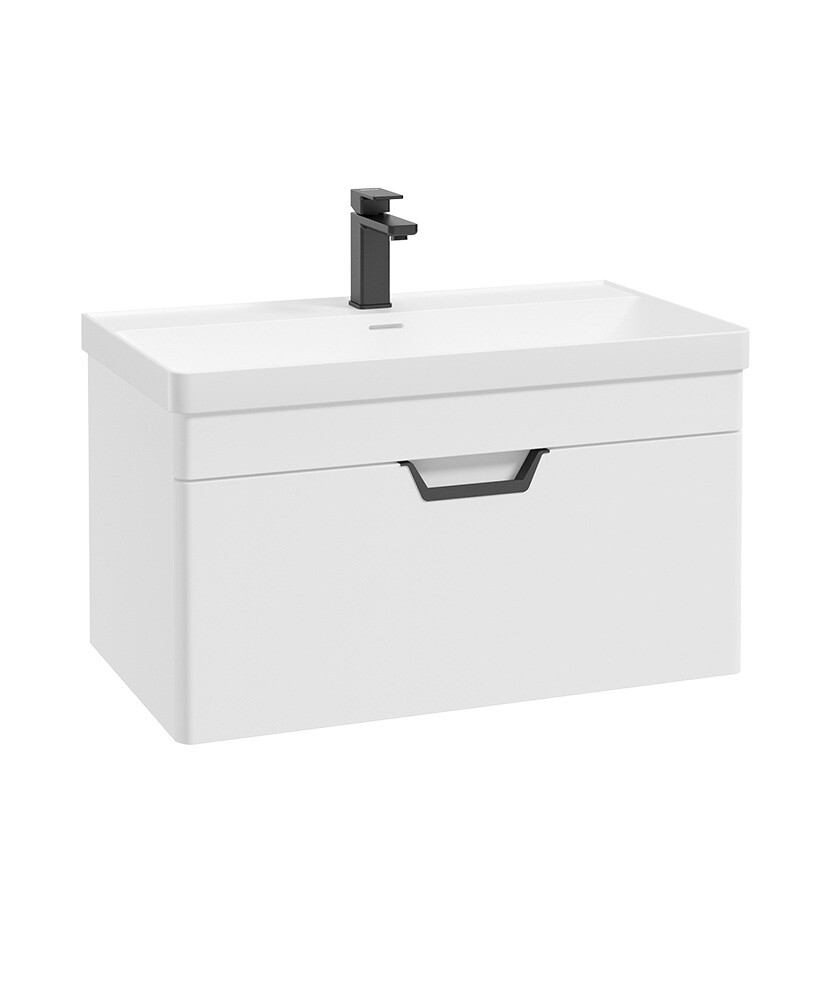 SONAS Freya 80cm 1 Drawer Wall Hung Vanity Unit  White Matt - Matt Black Hardware