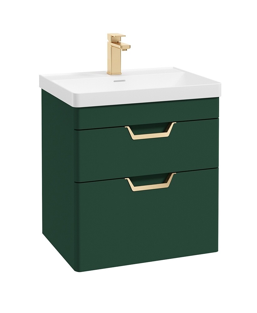 SONAS Freya 60cm 2 Drawer Wall Hung Vanity Unit Wreath Green Matt- Brushed Gold Hardware