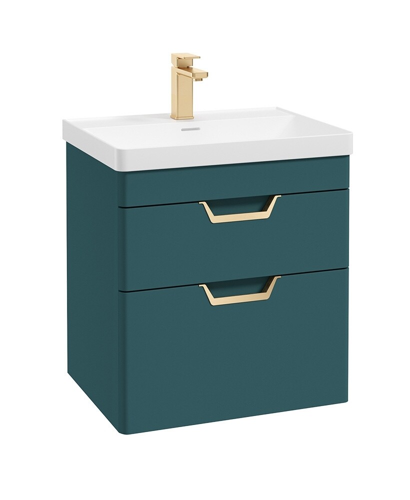 SONAS Freya 60cm 2 Drawer Wall Hung Vanity Unit Ocean Blue Matt - Brushed Gold Hardware