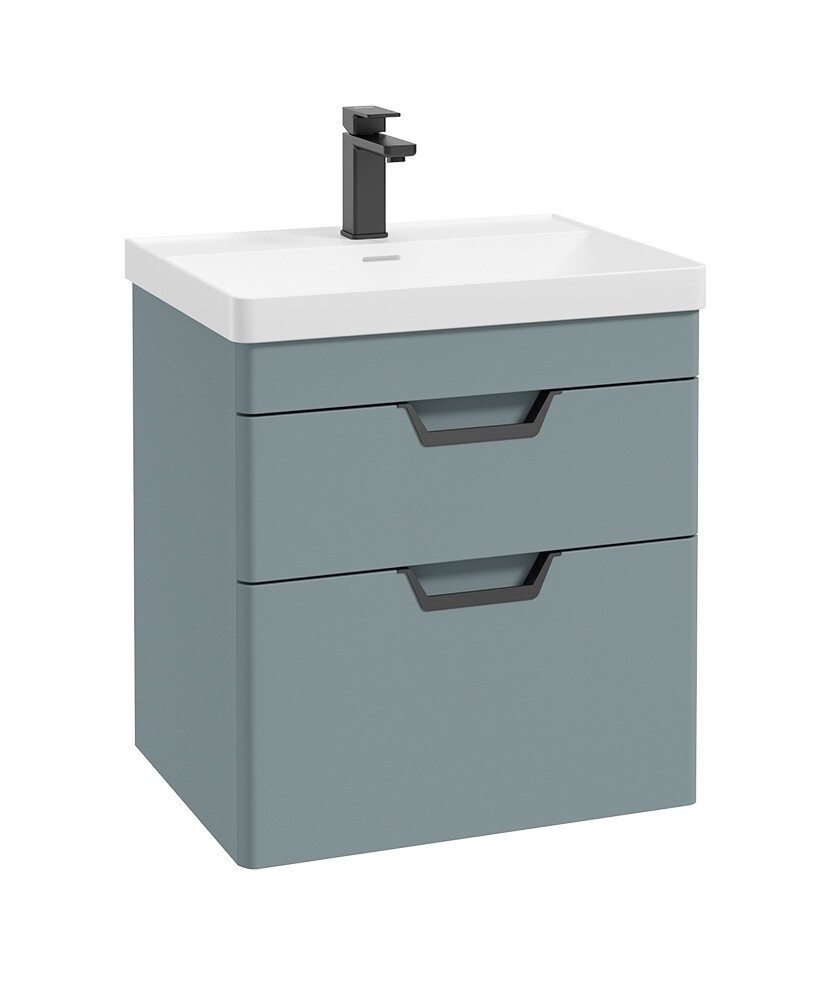 SONAS Freya 60cm 2 Drawer Wall Hung Vanity Unit Coral Green Matt - Matt Black Hardware