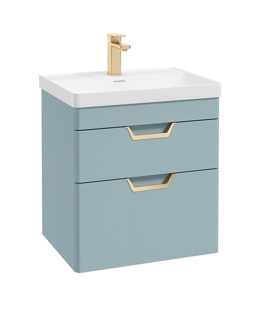 SONAS Freya 60cm 2 Drawer Wall Hung Vanity Unit Morning Sky Blue Matt - Brushed Gold Hardware SONAS Freya 60cm 2 Drawer Wall Hung Vanity Unit Morning Sky Blue Matt - Brushed Gold Hardware