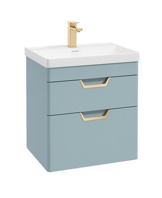 SONAS Freya 60cm 2 Drawer Wall Hung Vanity Unit Morning Sky Blue Matt - Brushed Gold Hardware