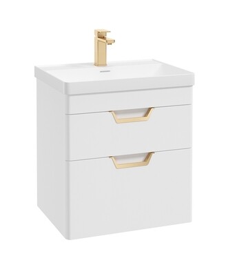 SONAS Freya 60cm 2 Drawer Wall Hung Vanity Unit White Matt - Brushed Gold Hardware