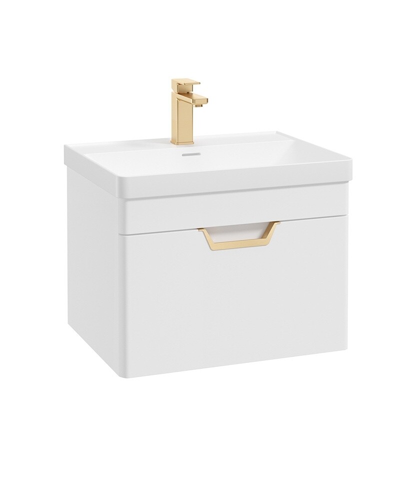 SONAS Freya 60cm 1 Drawer Wall Hung Vanity Unit White Matt -Brushed Gold Hardware