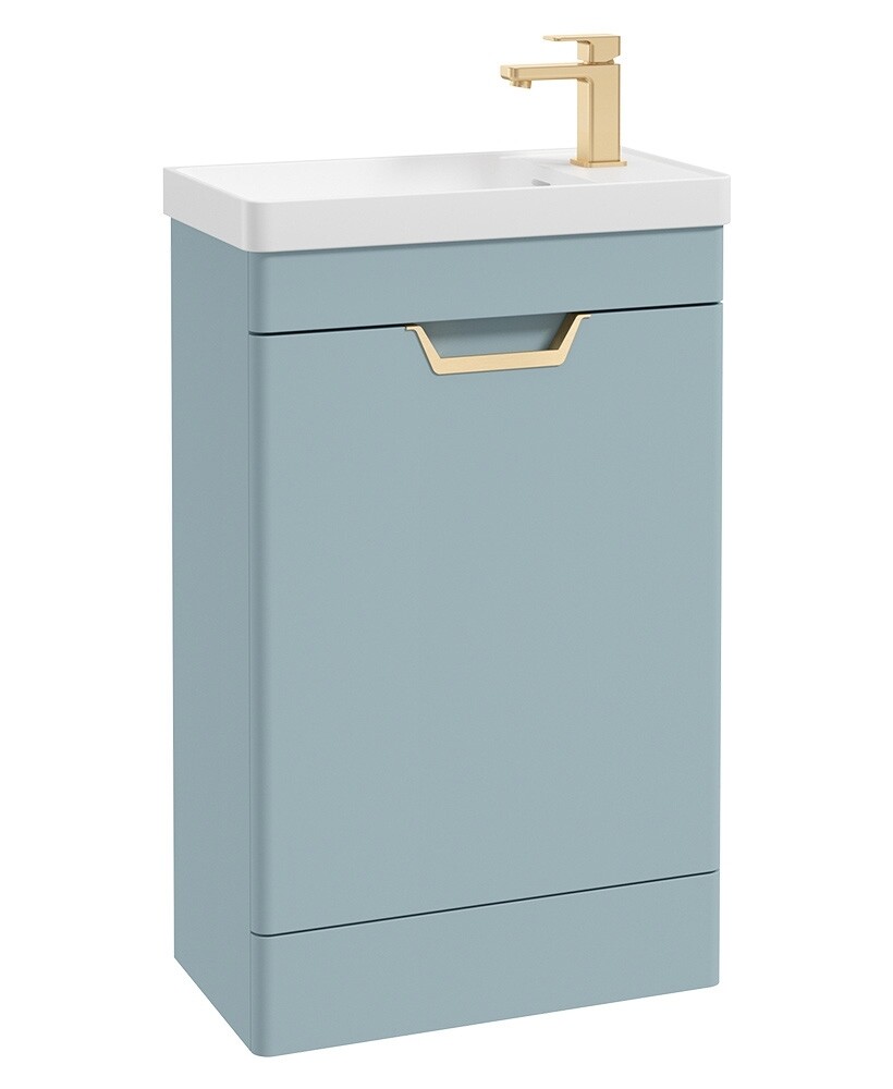 SONAS Freya 55cm Floor Standing Cloakroom Vanity Unit Morning Sky Blue Matt- Brushed Gold Hardware SONAS Freya 55cm Floor Standing Cloakroom Vanity Unit Morning Sky Blue Matt- Brushed Gold Hardware