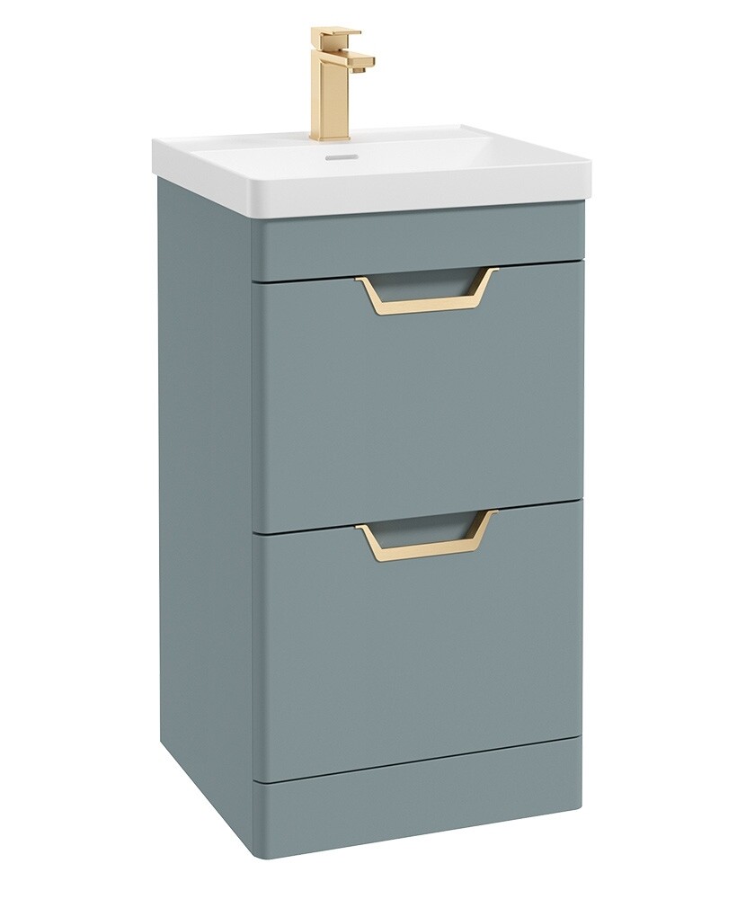 SONAS Freya 50cm 2 Drawer Floor Standing Vanity Unit Coral Green Matt - Brushed Gold Hardware