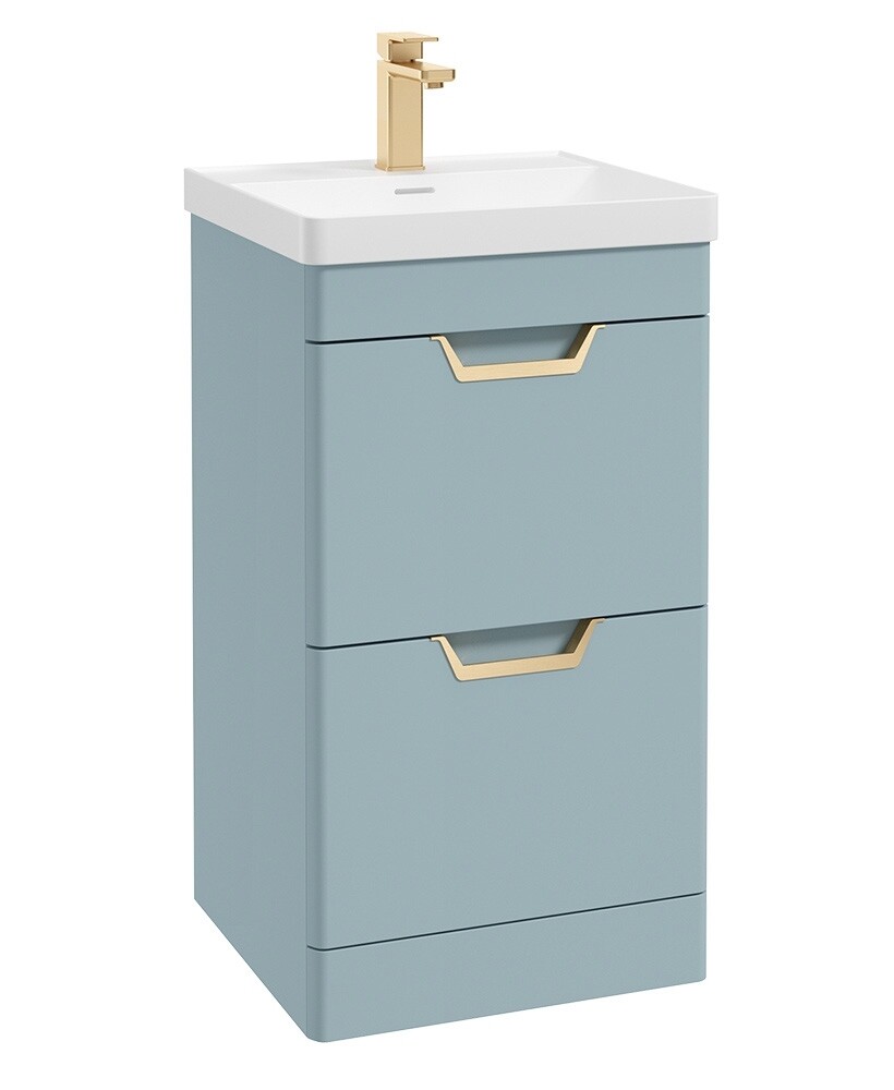 SONAS Freya 50cm 2 Drawer Floor Standing Vanity Unit Morning Sky Blue Matt -Brushed Gold Hardware