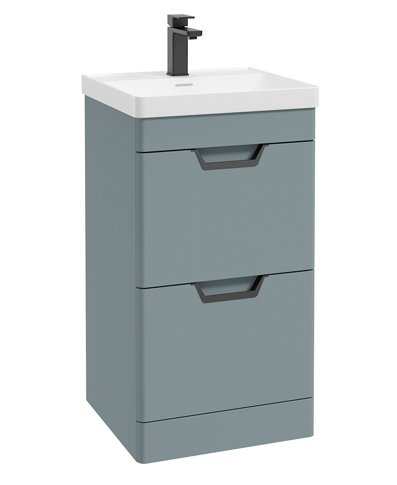 SONAS Freya 50cm 2 Drawer Floor Standing Vanity Unit Coral Green Matt - Matt Black Hardware