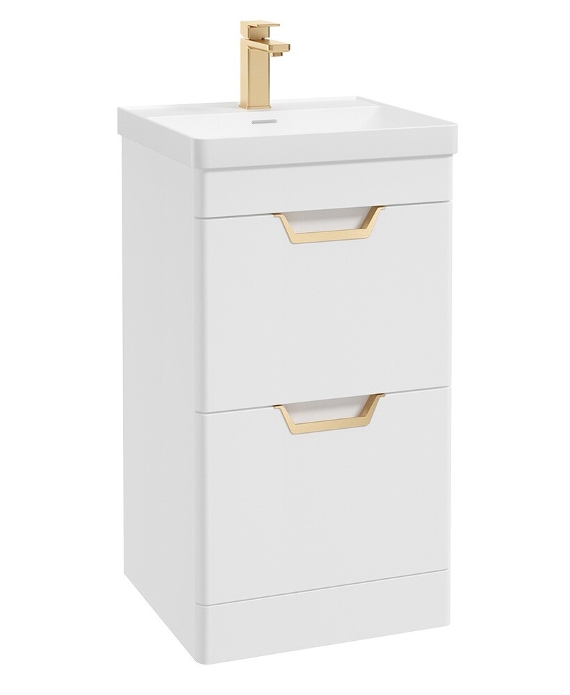 SONAS Freya 50cm 2 Drawer Floor Standing Vanity Unit White Matt - Brushed Gold Hardware