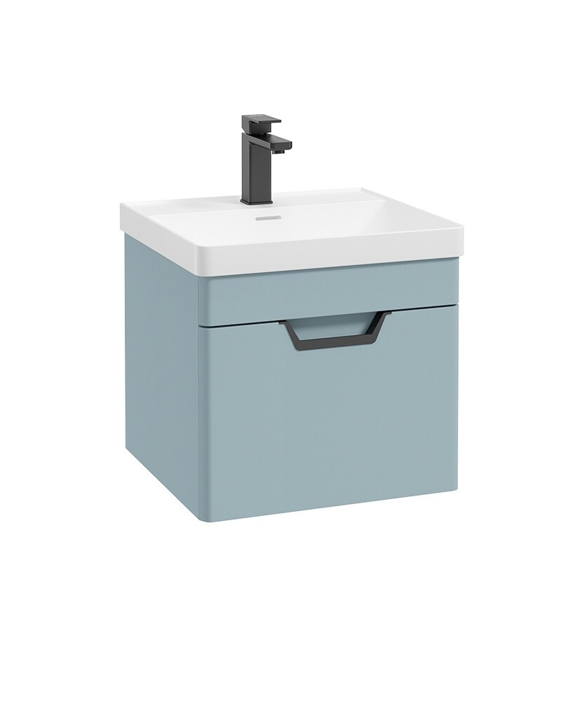 SONAS Freya 50cm 1 Drawer Wall Hung Vanity Unit Morning Sky Blue Matt - Matt Black Hardware