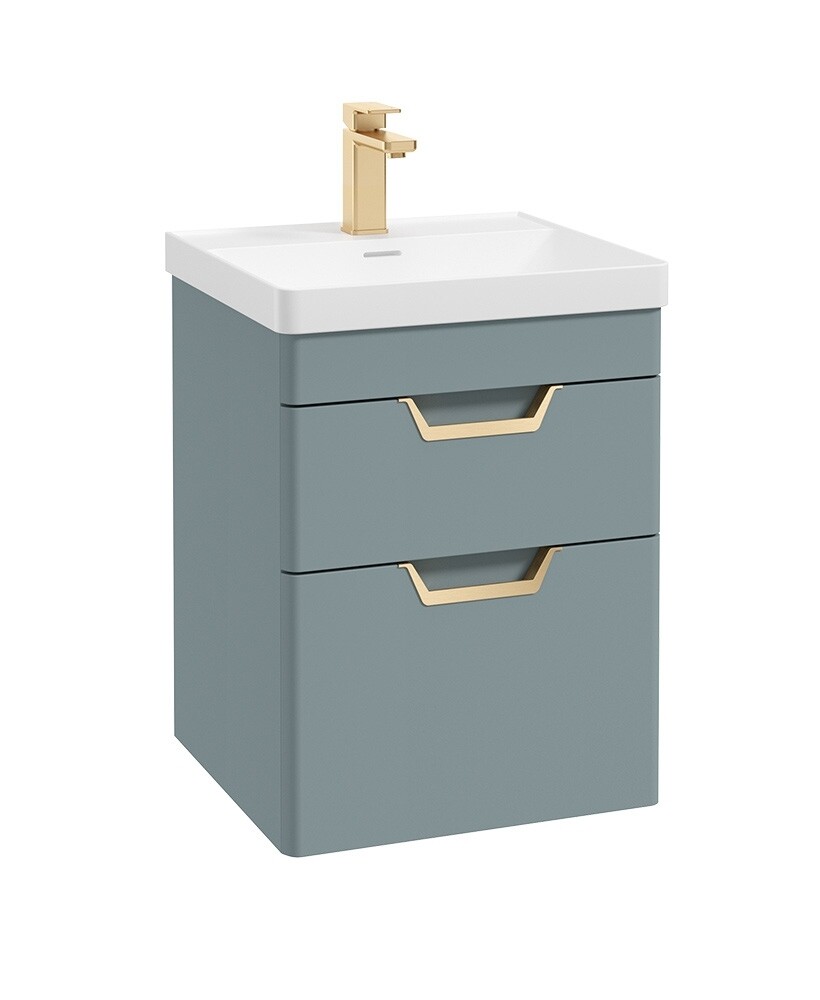 SONAS Freya 50cm 2 Drawer Wall Hung Vanity Unit Coral Green Matt - Brushed Gold Hardware