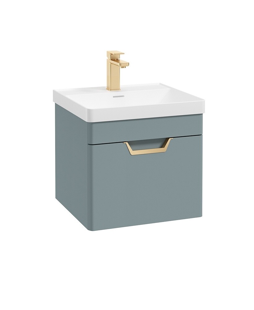 SONAS Freya 50cm 1 Drawer Wall Hung Vanity Unit Coral Green Matt - Brushed Gold Hardware