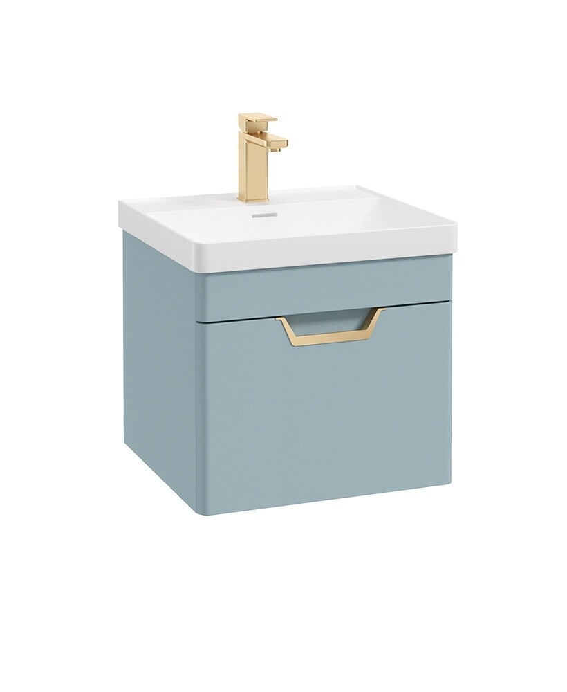 SONAS Freya 50cm 1 Drawer Wall Hung Vanity Unit Morning Sky Blue Matt - Brushed Gold Hardware