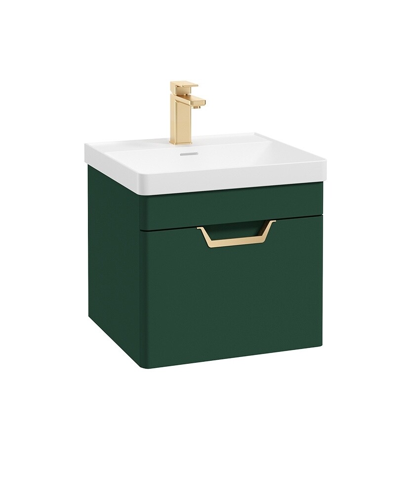 SONAS Freya 50cm 1 Drawer Wall Hung Vanity Unit Wreath Green Matt - Brushed Gold Hardware