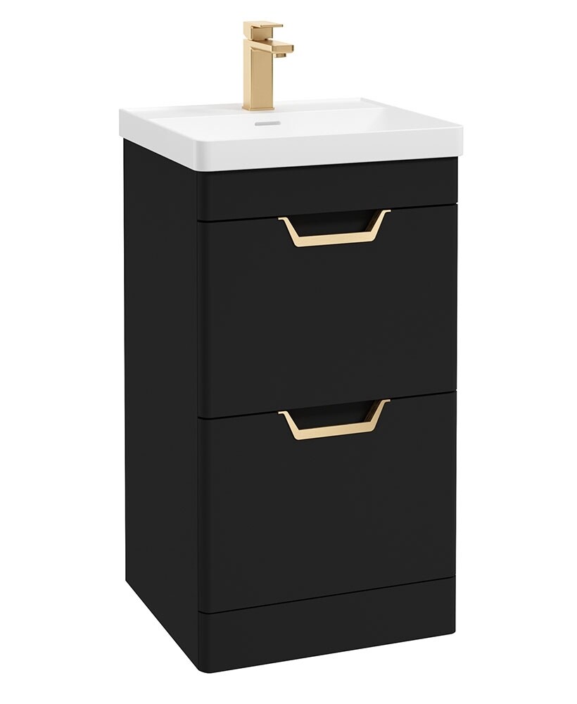 SONAS Freya 50cm 2 Drawer Floor Standing Vanity Unit Matt Black -Brushed Gold Hardware