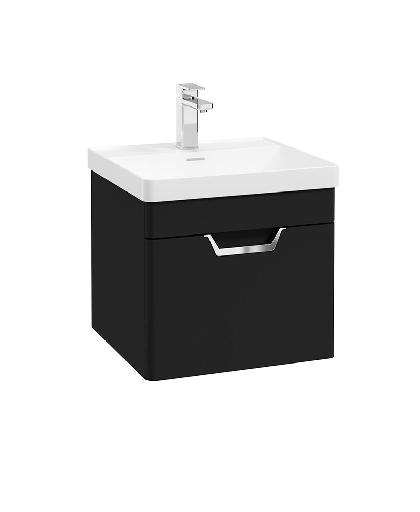 SONAS Freya 50cm 1 Drawer Wall Hung Vanity Unit Matt Black - Brushed Chrome Hardware
