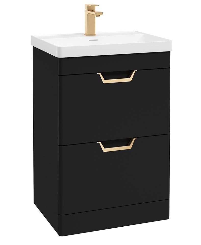SONAS Freya 60cm 2 Drawer Floor Standing Vanity Unit Matt Black - brushed Gold Hardware