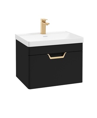 SONAS Freya 60cm 1 Drawer Wall Hung Vanity Unit Matt Black - Brushed Gold Hardware